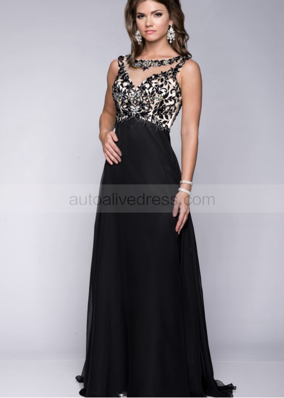 Sheer Tulle Beaded Lace Long Chiffon Prom Dress